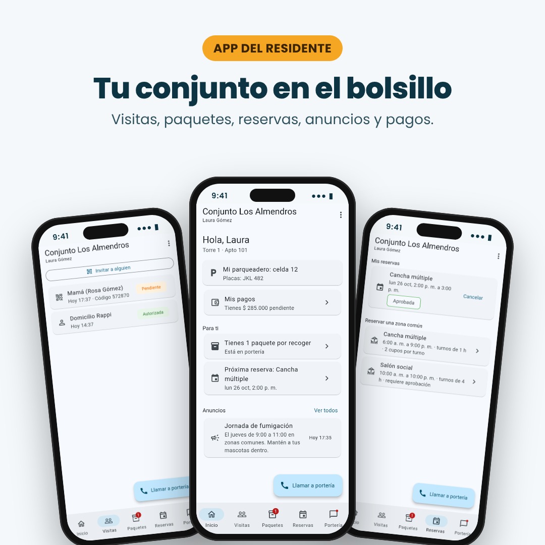Aplicación del residente: visitas, paquetes, reservas y pagos